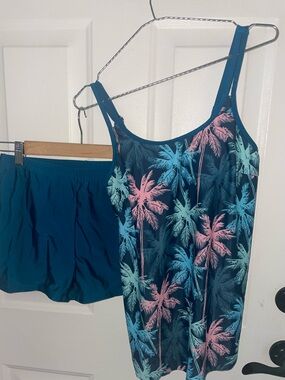 Palm-Print Women’s Swim Tankini Set in Teal & Pink